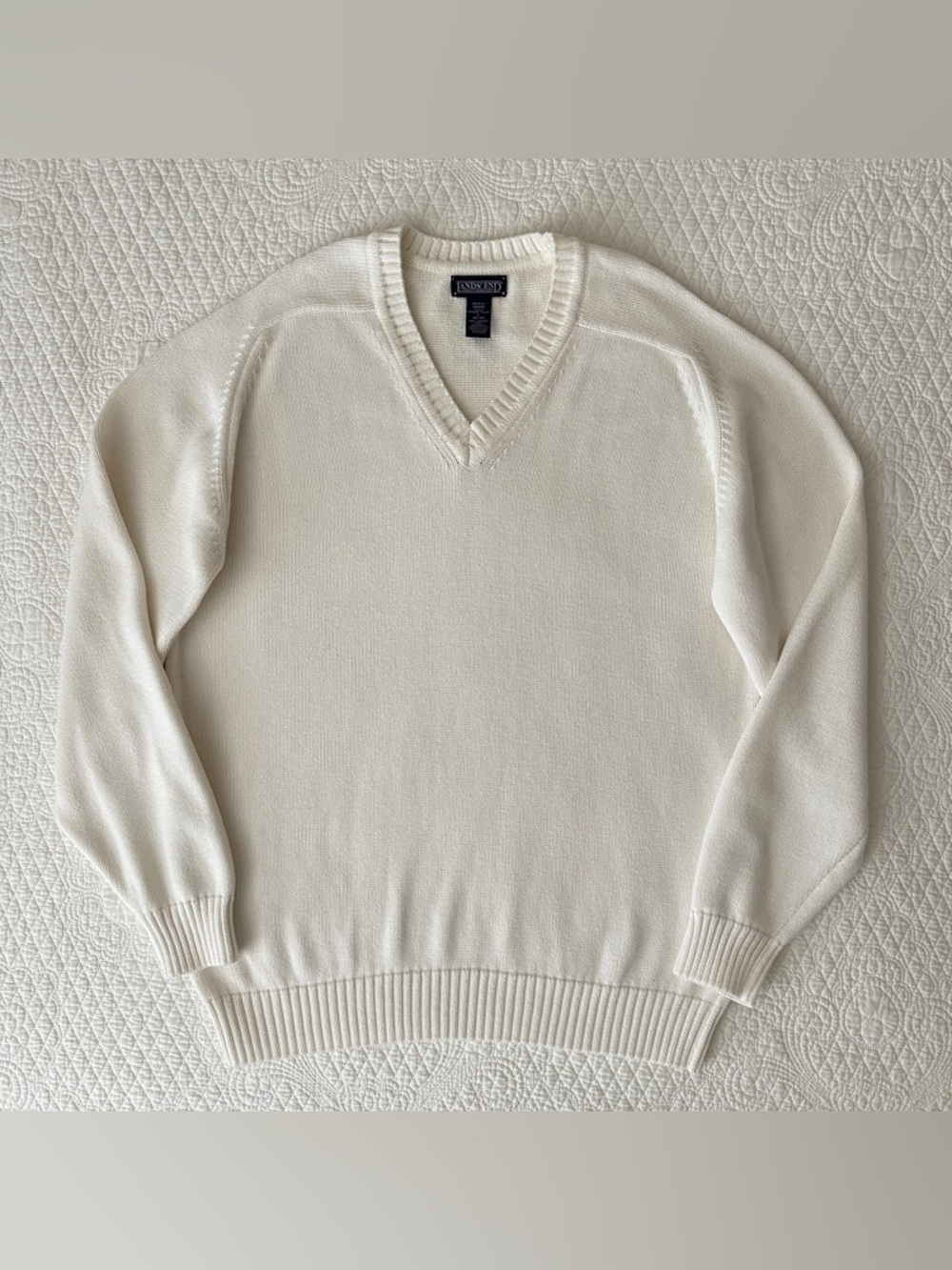 Vintage Lands' End USA Cotton V-Neck Sweater Pullover L Tall Minimalist 90s - Picture 2 of 10